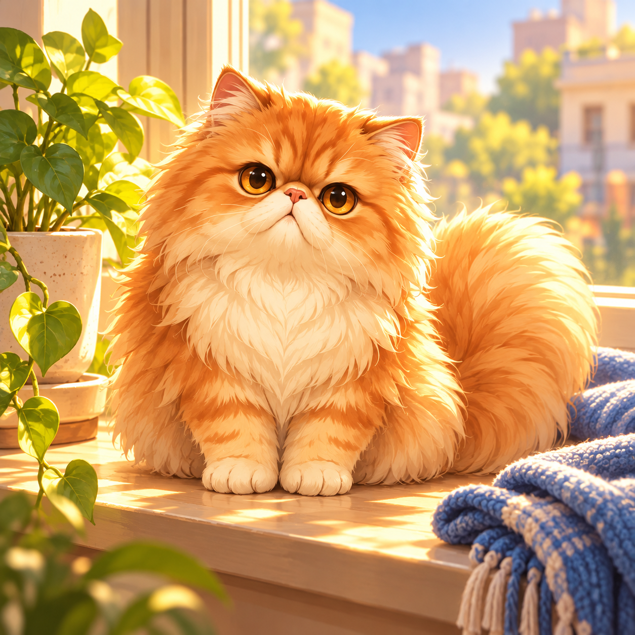 窗边阳光里的长毛猫